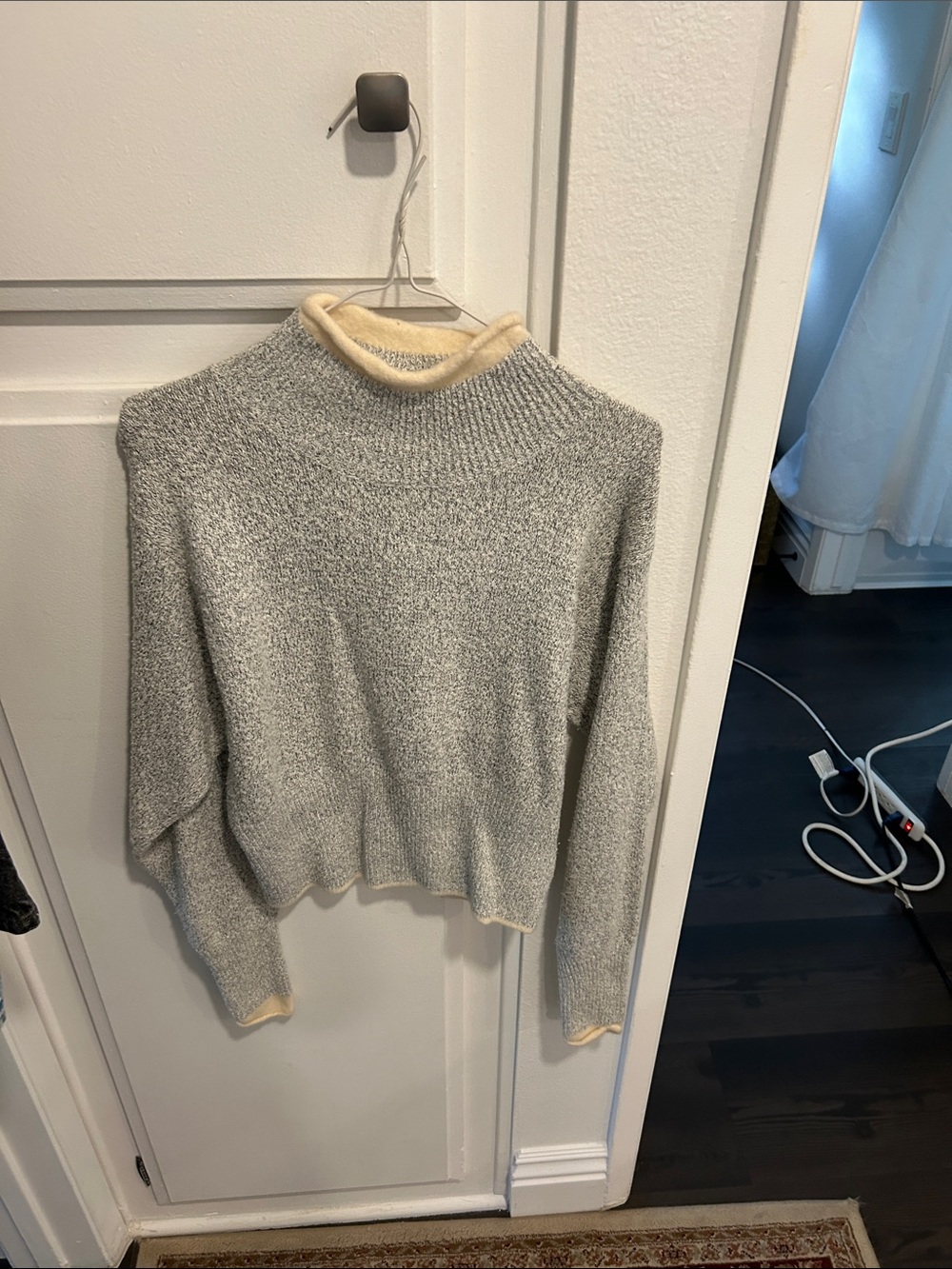 Women's Grey Turtleneck Sweater with Cream Trim
